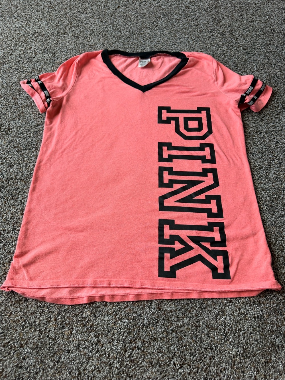 Victoria's Secret PINK Coral Varsity Logo V Neck Ringer Tee Large Y2K